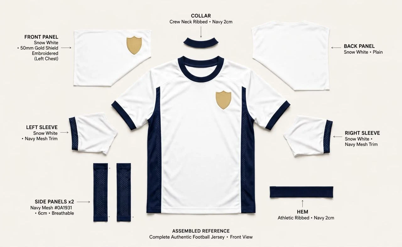 Example tech pack showing each jersey panel laid out: front, back, sleeves, collar, side panels and hem