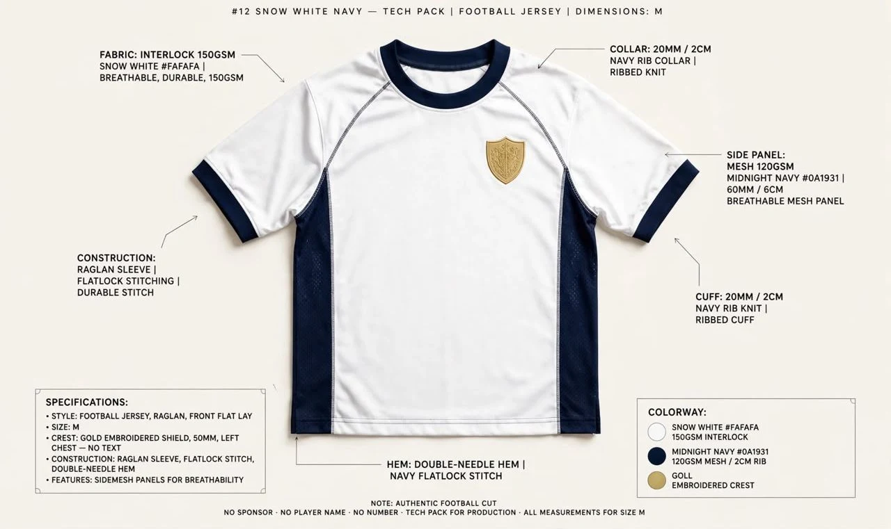 Example football jersey tech pack: fabric, collar, cuff, side panels, hem and colourway callouts