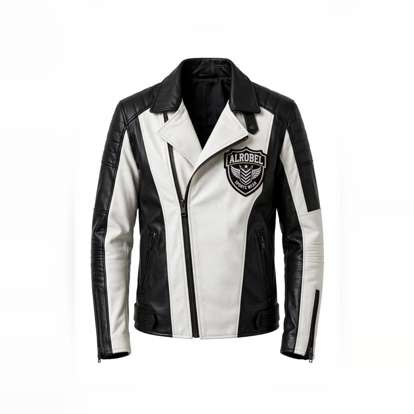 Black and white asymmetric leather biker jacket — Alrobel Sportswear
