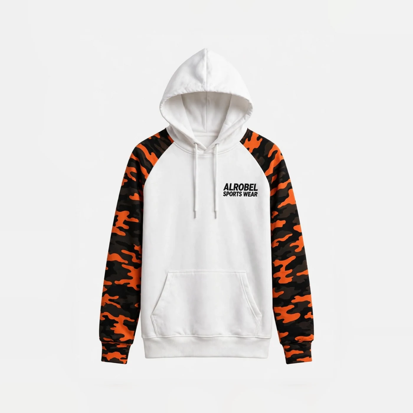 White hoodie with orange camo sleeves — Alrobel Sportswear