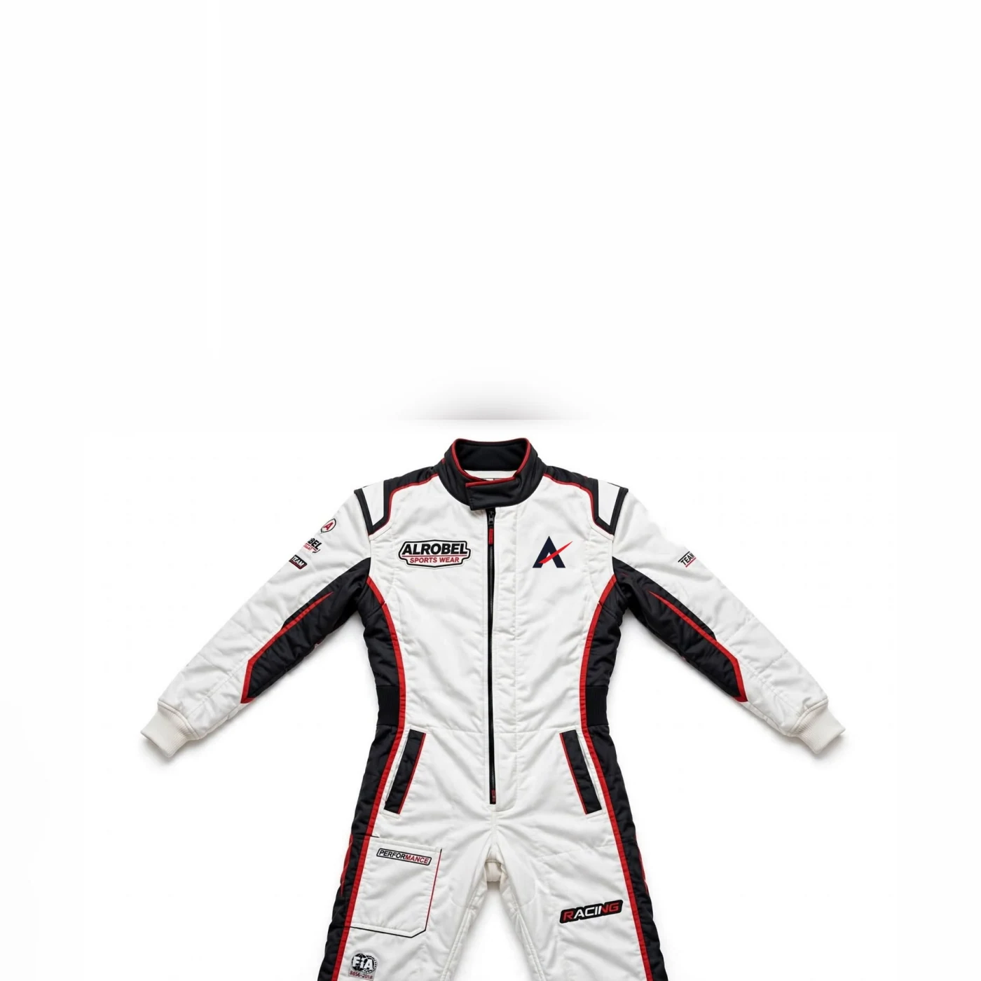 White car racing suit with red piping — Alrobel Sportswear