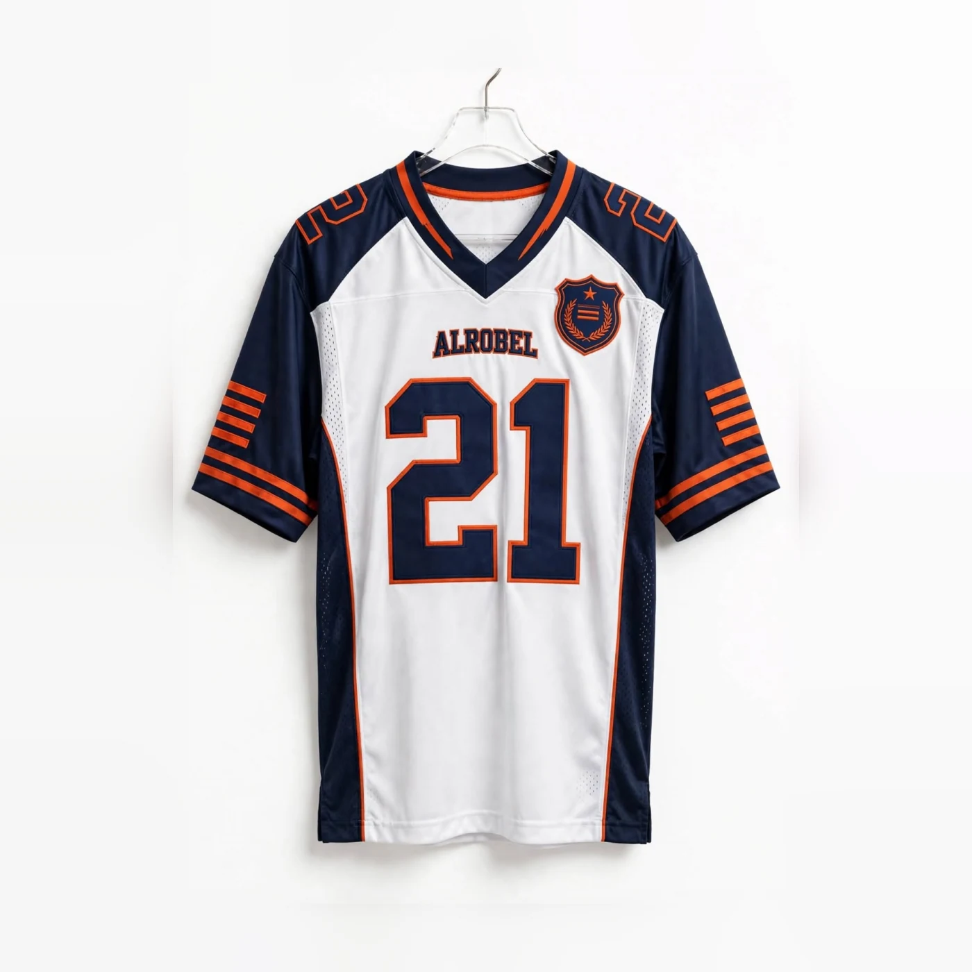 White and navy American football jersey, number 21 — Alrobel Sportswear