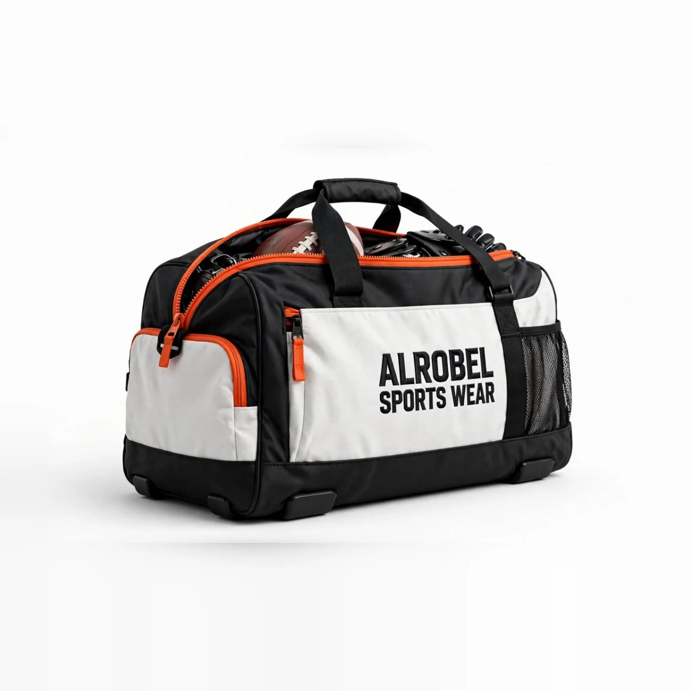 Black and white team kit bag with orange trim — Alrobel Sportswear