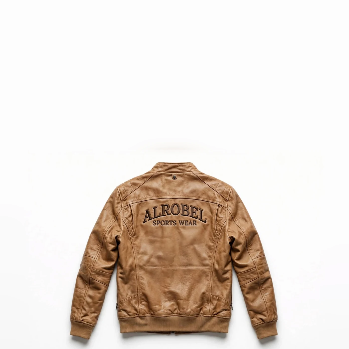 Tan leather bomber jacket, back with Alrobel embroidery — Alrobel Sportswear