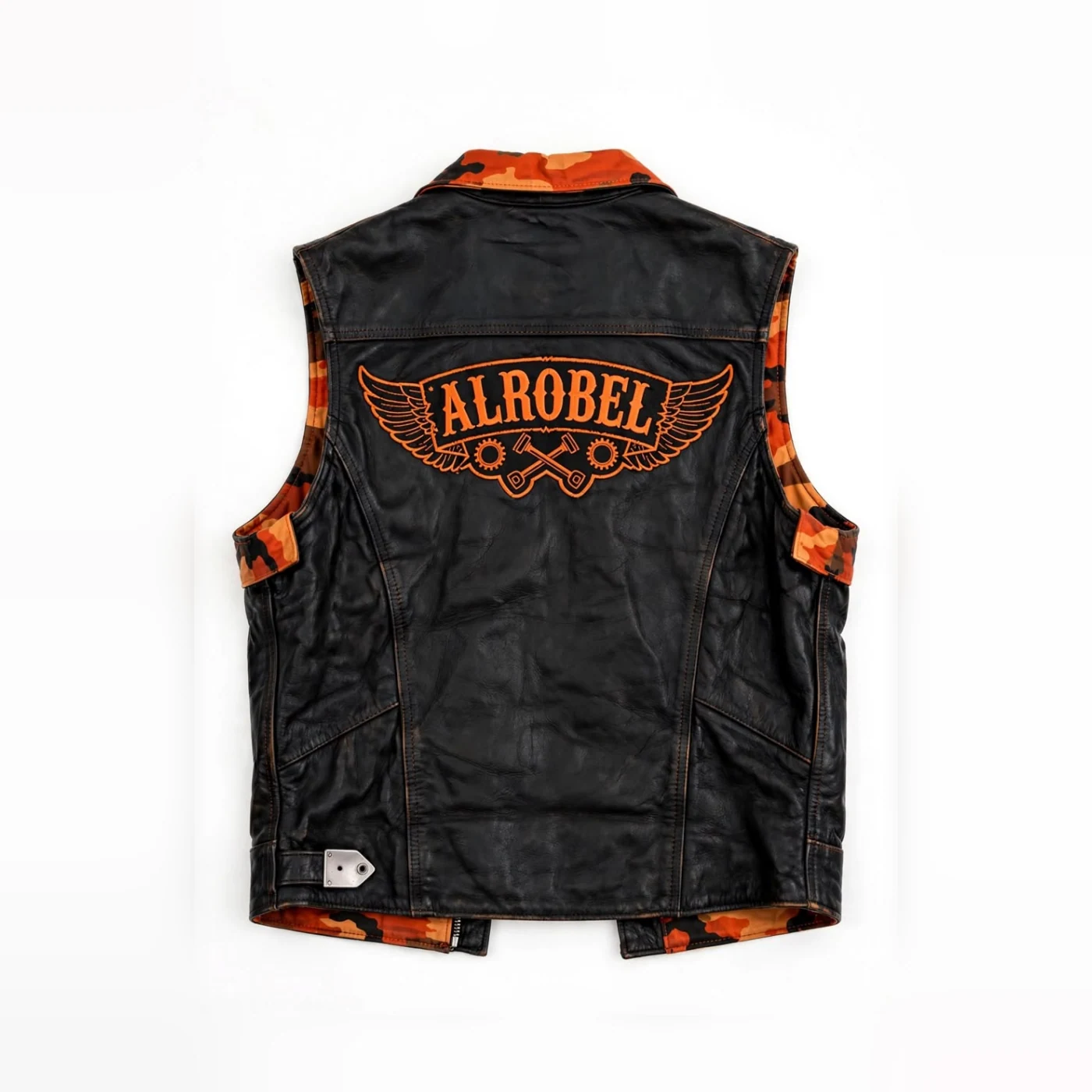 Black leather biker vest with orange wing embroidery, back — Alrobel Sportswear