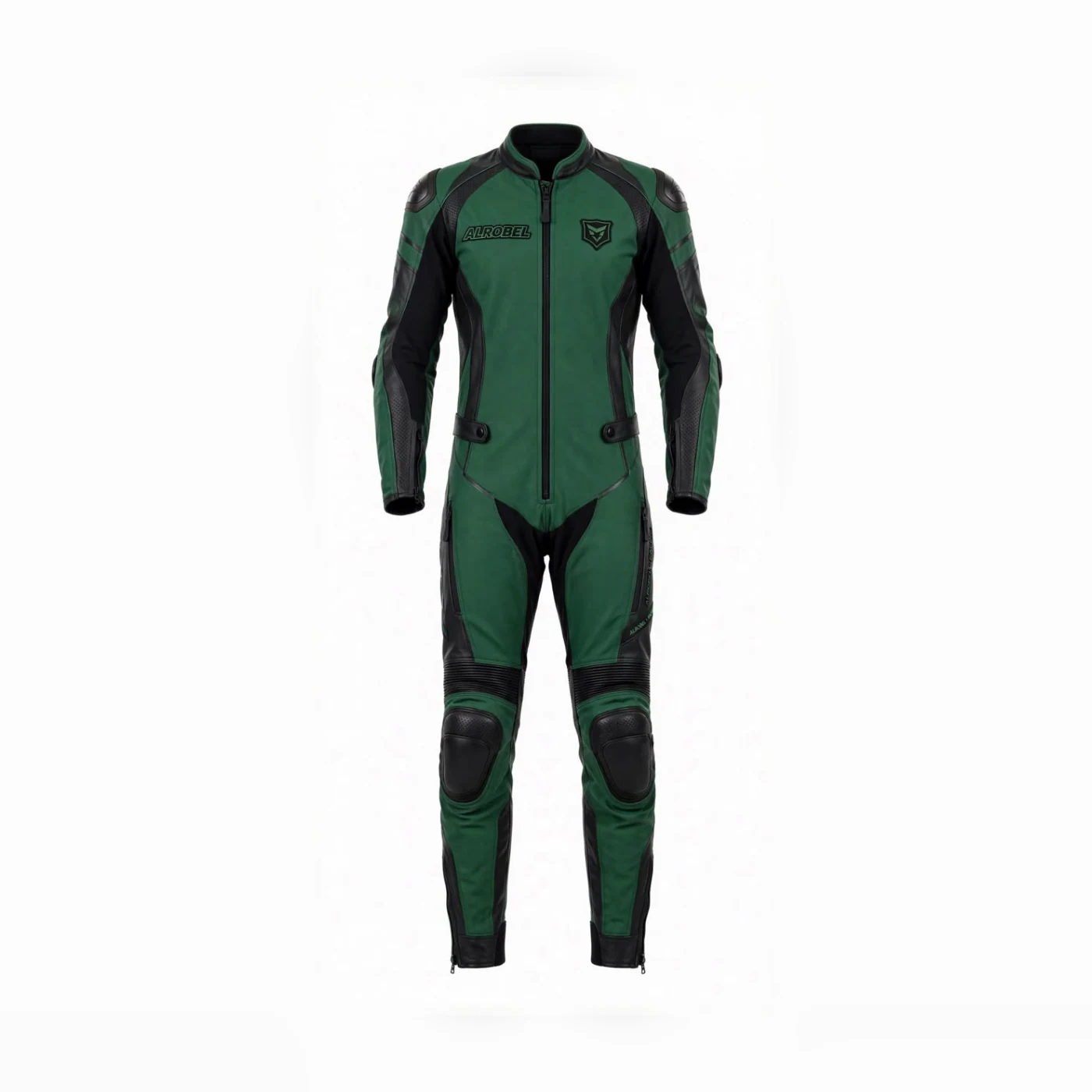 Green and black one-piece leather race suit — Alrobel Sportswear