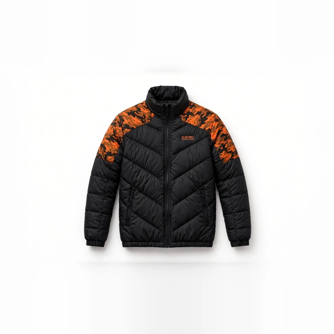 Black quilted puffer jacket with orange camo shoulders — Alrobel Sportswear