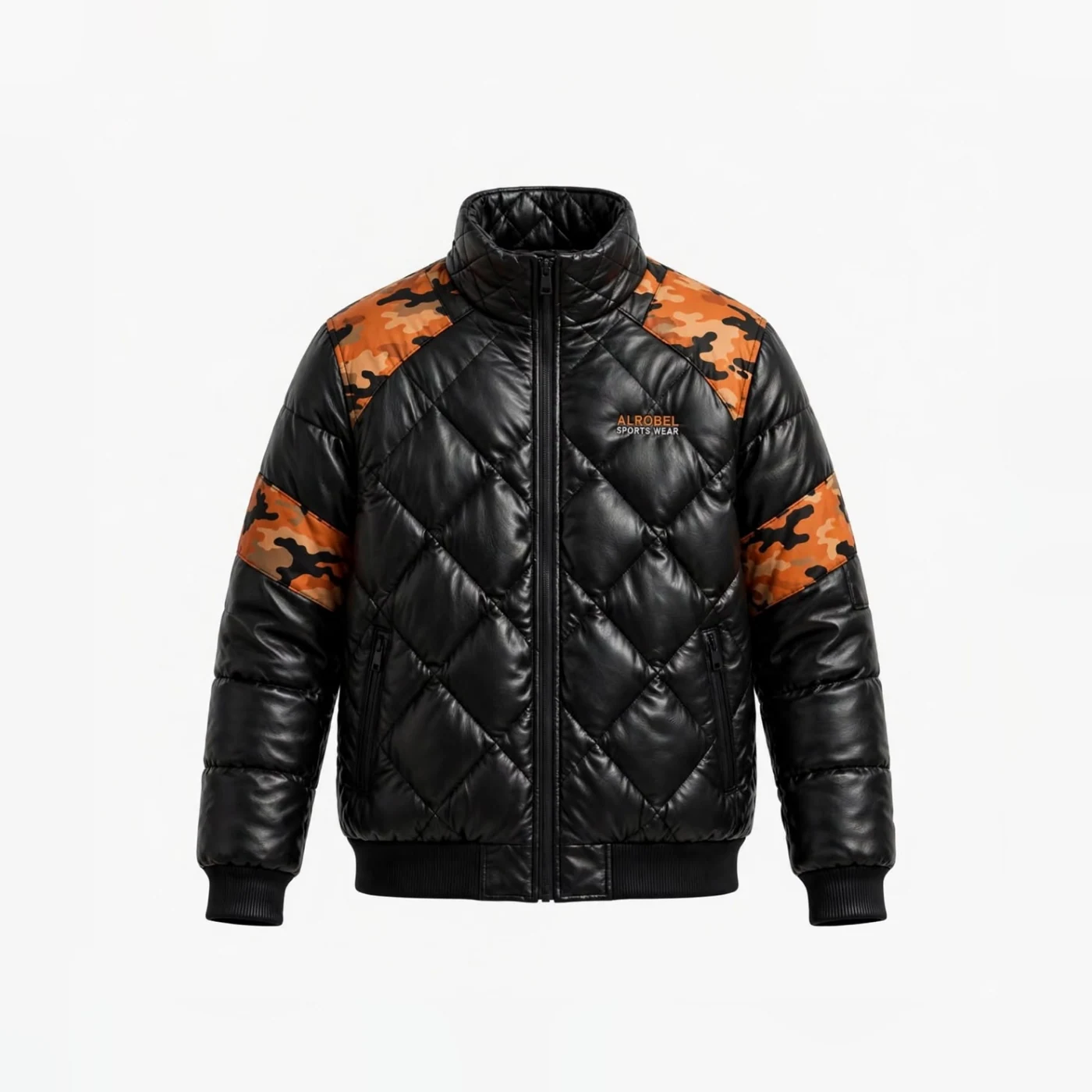 Black quilted puffer jacket with orange camo panels — Alrobel Sportswear