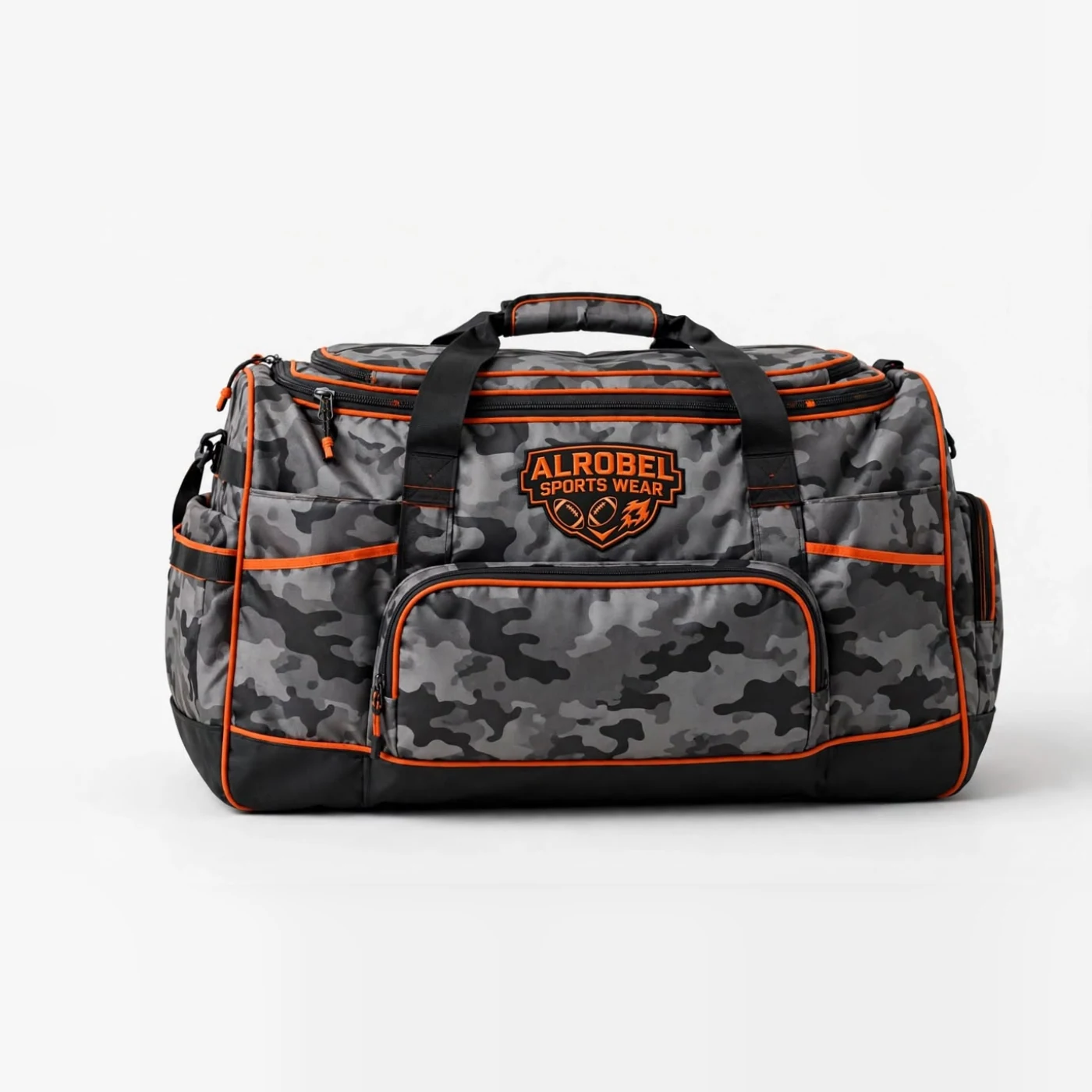 Grey camo sports duffel bag with orange trim — Alrobel Sportswear