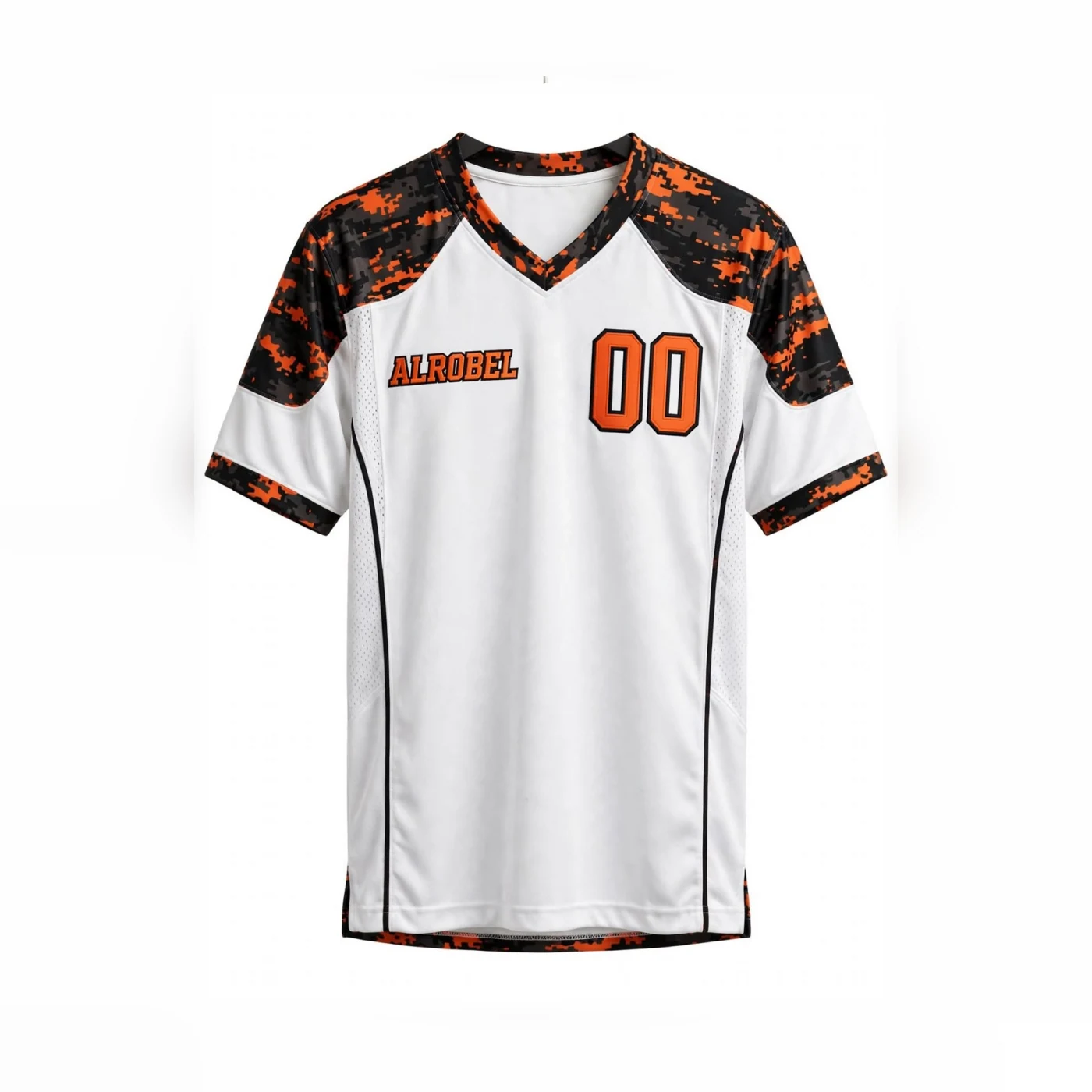 White American football jersey, number 00, camo shoulders — Alrobel Sportswear