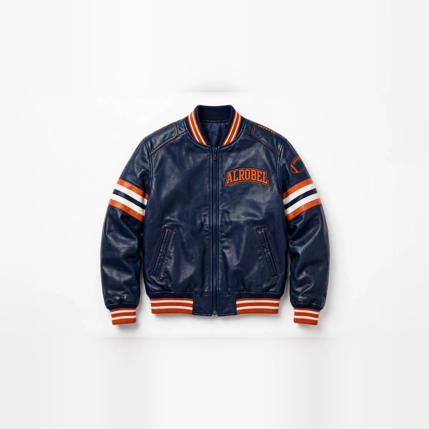 Navy leather varsity jacket with orange and white stripes — Alrobel Sportswear