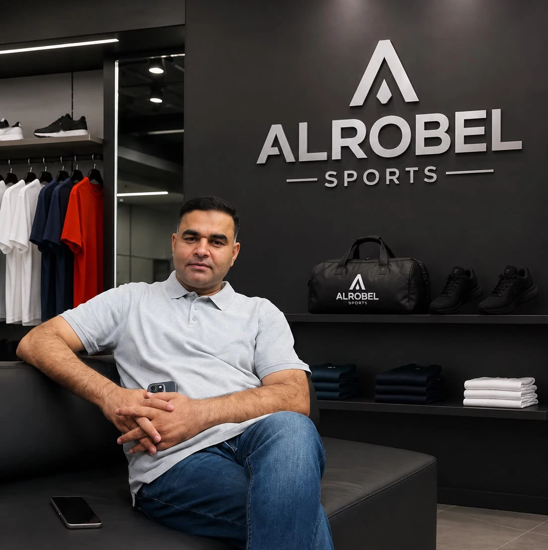 Mian Sajid Abbas, Founder & CEO of Alrobel Sportswear, in the Alrobel showroom